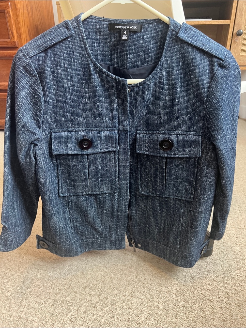 Jones New York Blue Textured Jean Jacket with Front Flap Pockets